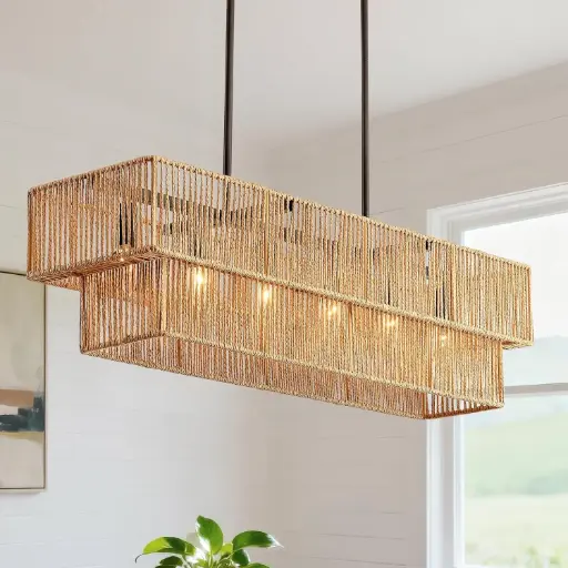 Lampara colgante de ratan 34" 6 Luces 2 Niveles